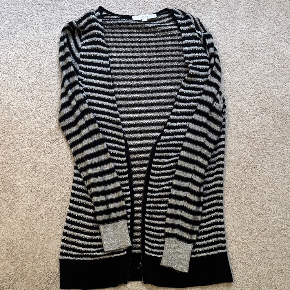 LOFT Black and Silver Striped Cardigan